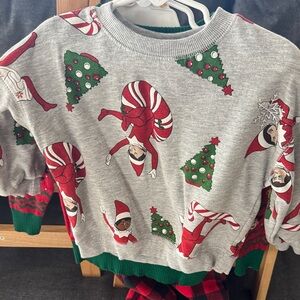 Festive Gray Sweater with Elf and Tree Design